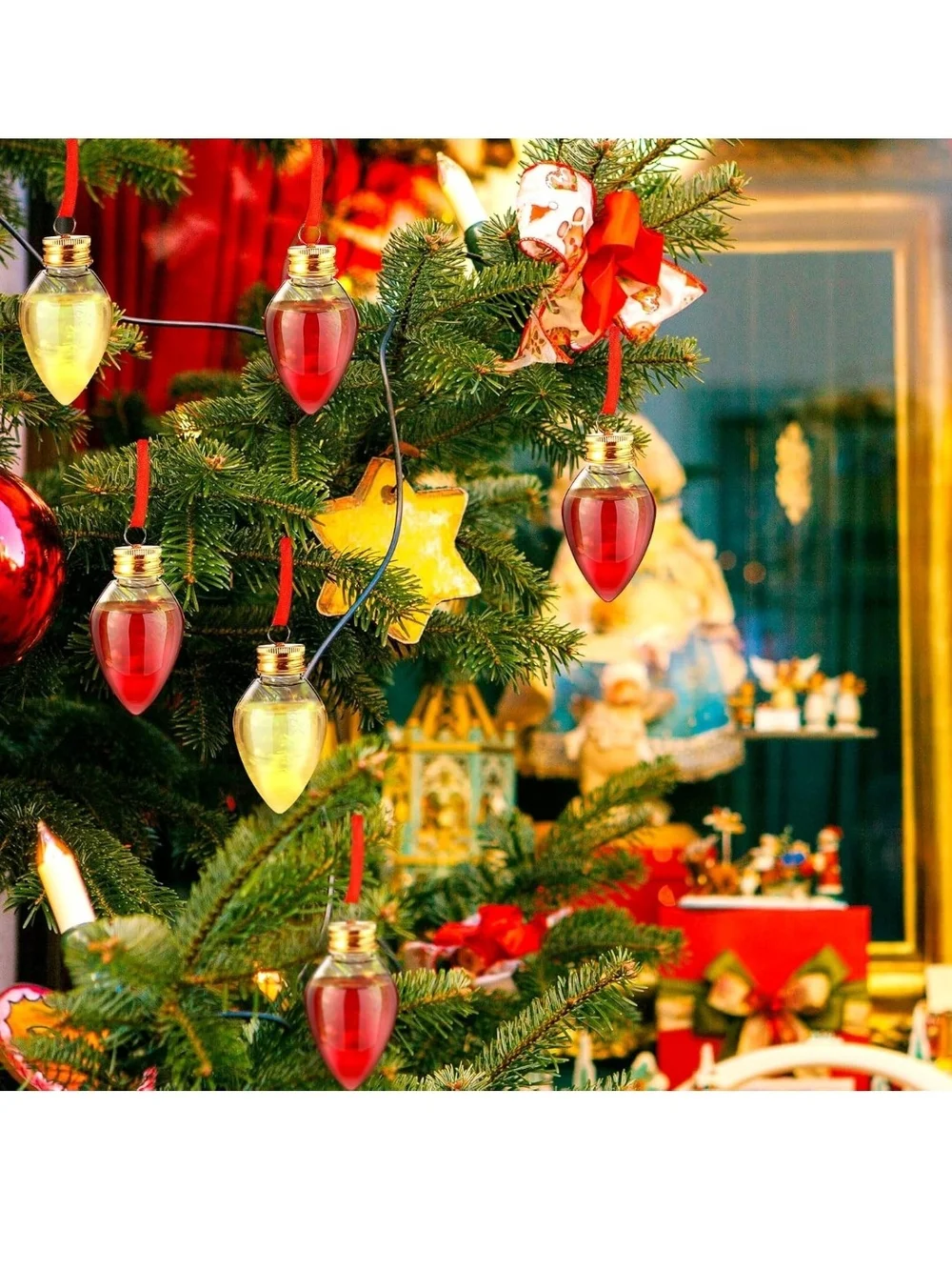Clear Bulb Ornament Set with Gold Caps and Red Ribbons. 48 Pieces. NWT.